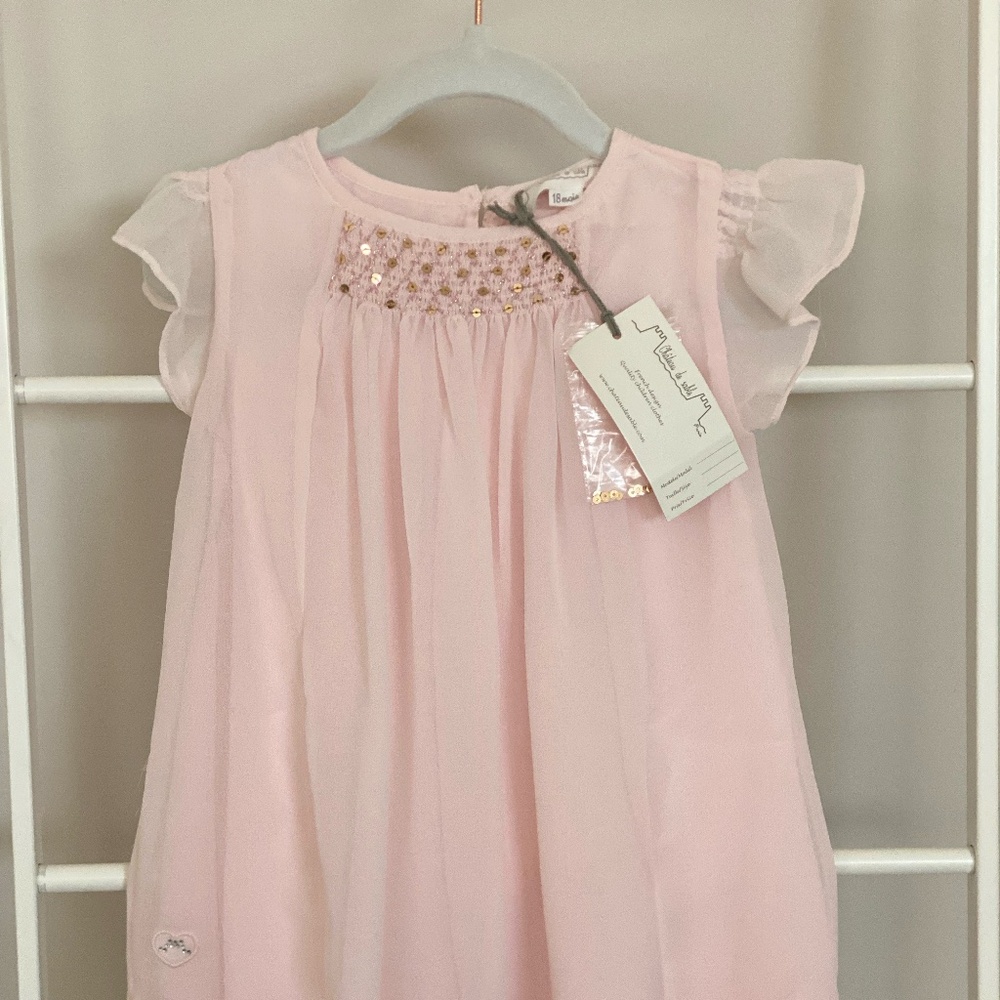 Chateau de Sable PINK Chiffon Flutter Sleeve with Sequins Dress 18 months NWT